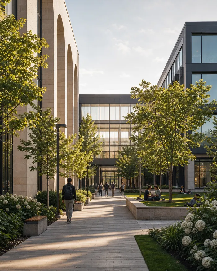 Modern university campus courtyard